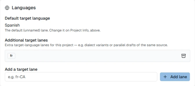 Project Settings' Languages section showing the default Spanish lane and an Additional target lanes list with an fr lane and its Archive control