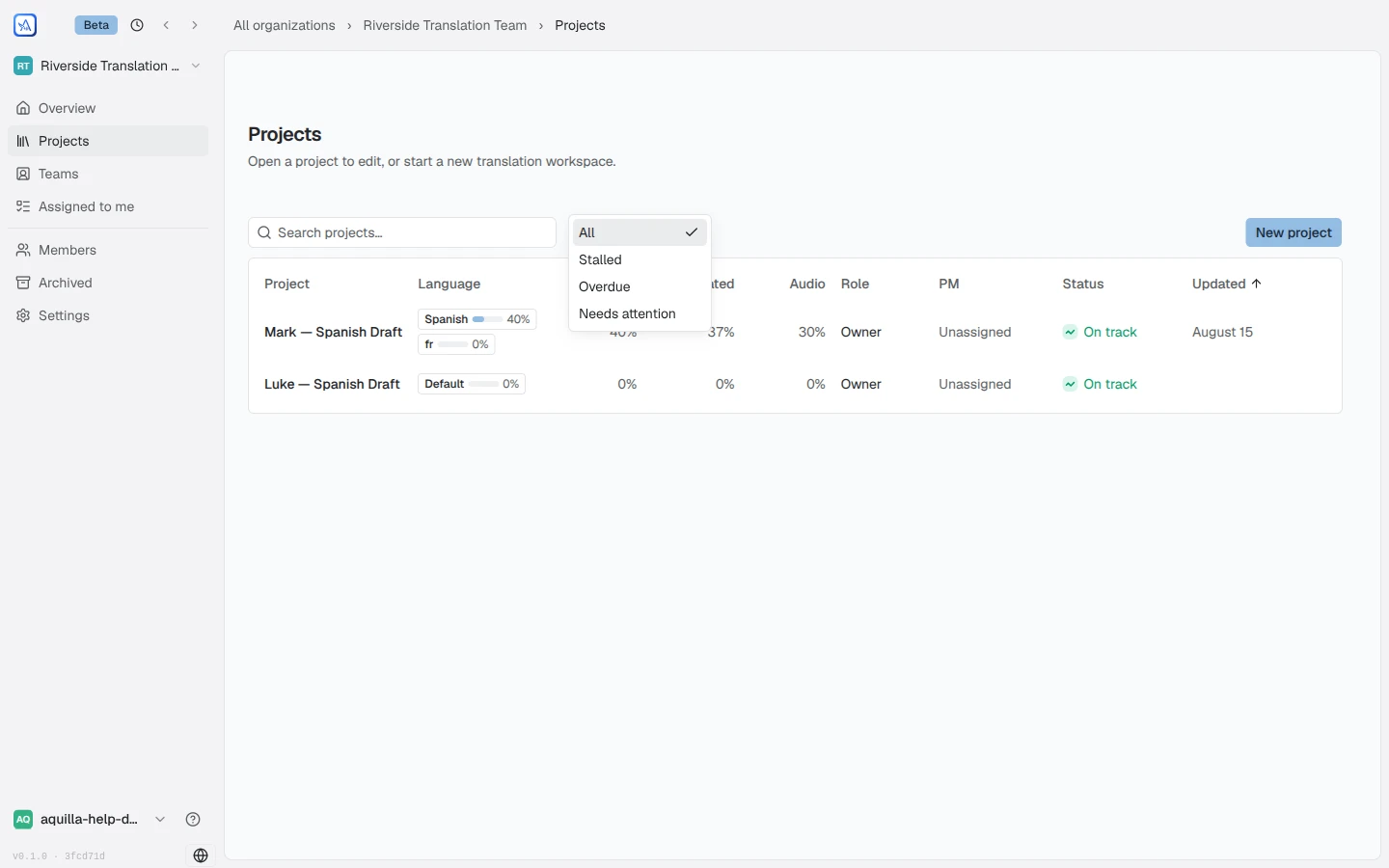 The organization's Projects page with its status filter dropdown open, showing All, Stalled, Overdue, and Needs attention options above the project table