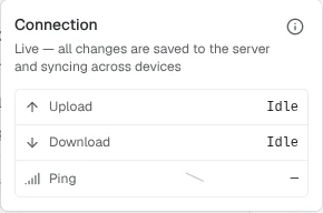 The Connection popover open below the editor's sync chip: Upload and Download tiles both reading Idle, a Ping tile, and an (i) button at the top right that opens Connection details