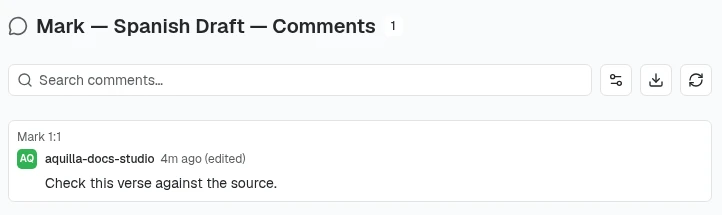The Comments page for the project Mark, Spanish Draft, with a count of 1, a search box, then a filter button, a download button for Export as CSV and a refresh button; below, one thread on Mark 1:1 by aquilla-docs-studio reading Check this verse against the source