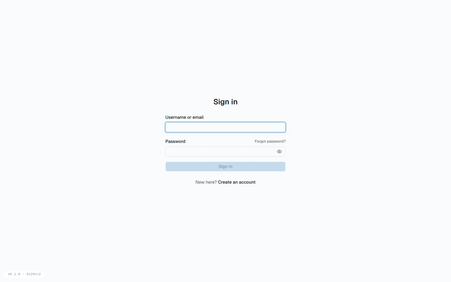 The Aquilla sign-in screen with a Username or email field, a Password field with a show-password toggle, a Forgot password link, and a Create an account link