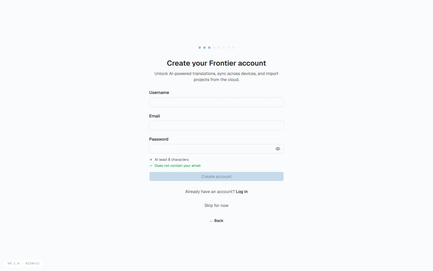 The Create your Frontier account step of the onboarding wizard, with empty username, email, and password fields and a checklist of password requirements below the password field