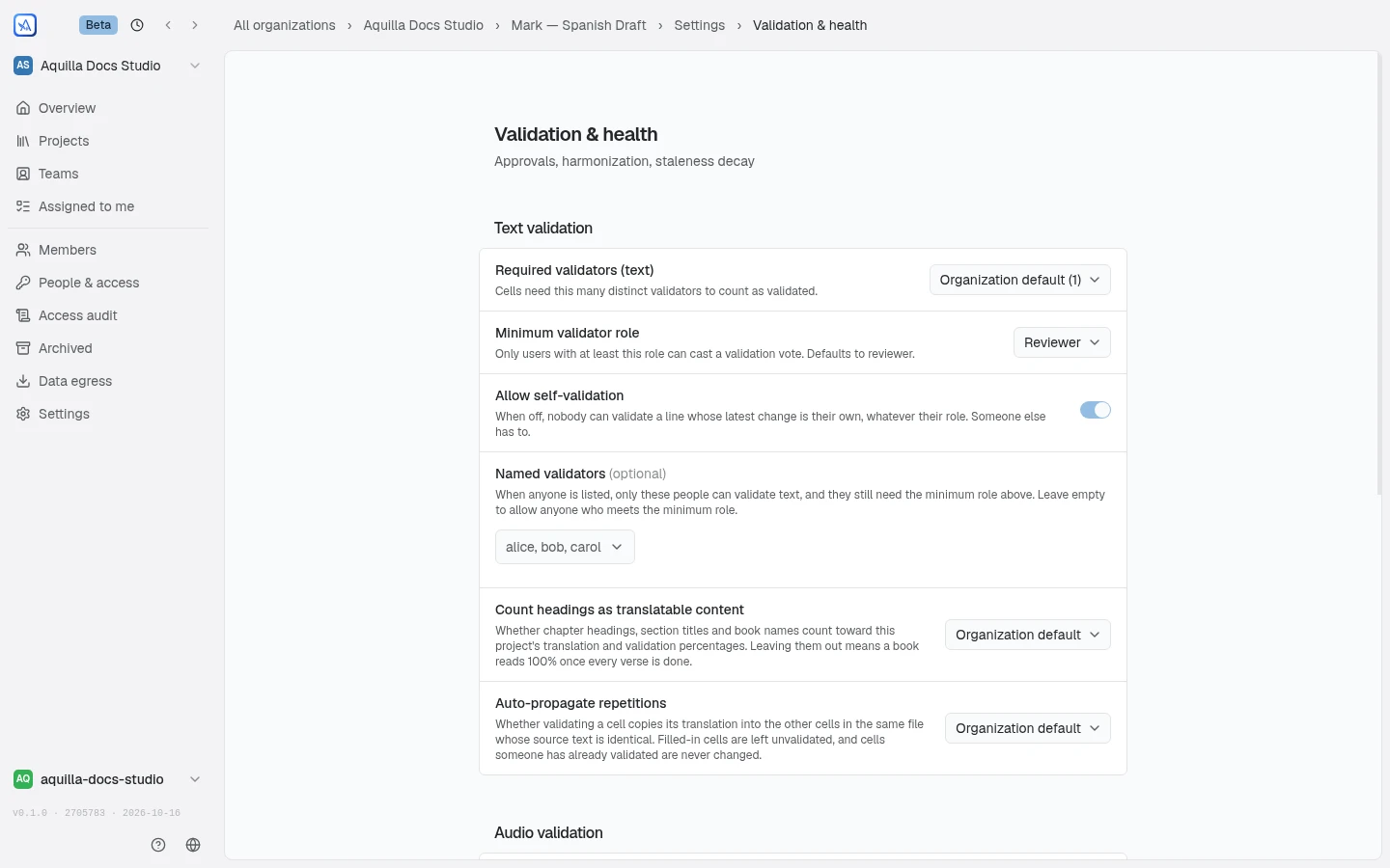 The Validation & health page in Project Settings for Mark — Spanish Draft, under Text validation: Required validators (text) set to Organization default (1), Minimum validator role set to Reviewer, an Allow self-validation switch (on), a Named validators field, and Count headings as translatable content and Auto-propagate repetitions both set to Organization default