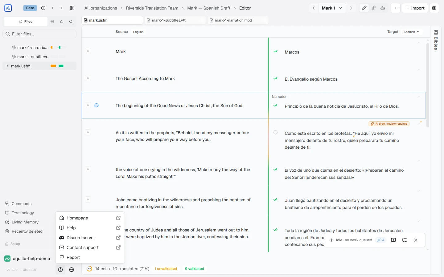 The Help & community menu open from the sidebar's foot, listing Homepage, Help, Discord server, Contact support, and Report