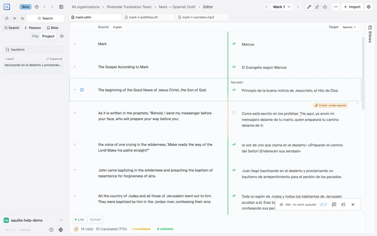 The Search rail open with Search, Replace, and Bible mode buttons, a File / Project scope toggle, the query bautismo, and one highlighted result from mark.usfm
