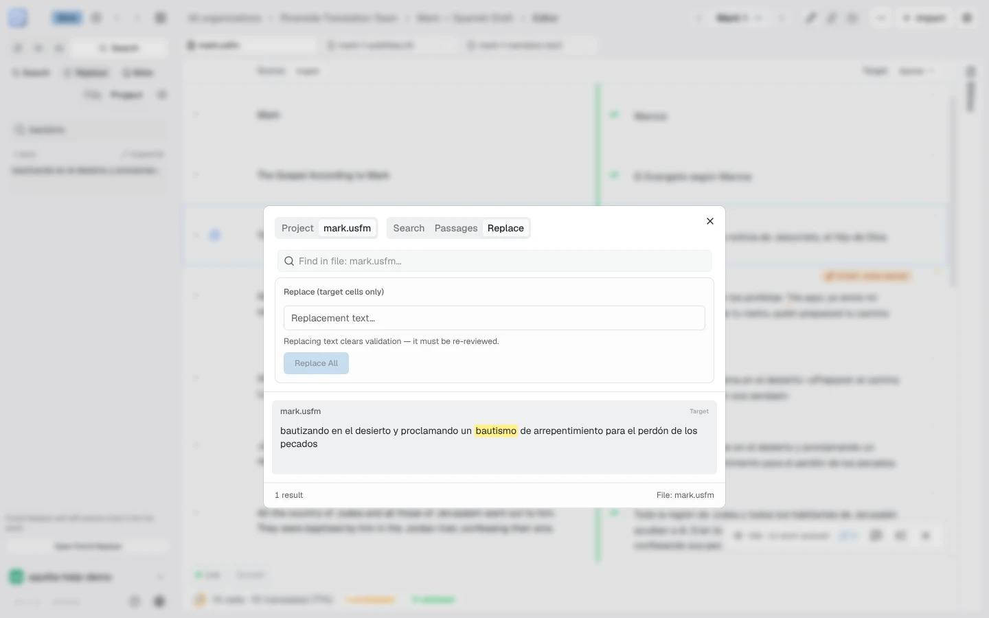 The full Search and Replace panel scoped to mark.usfm: a find box with the query, a Replacement text field marked target cells only, the note that replacing text clears validation, and a disabled Replace All button above one matching result