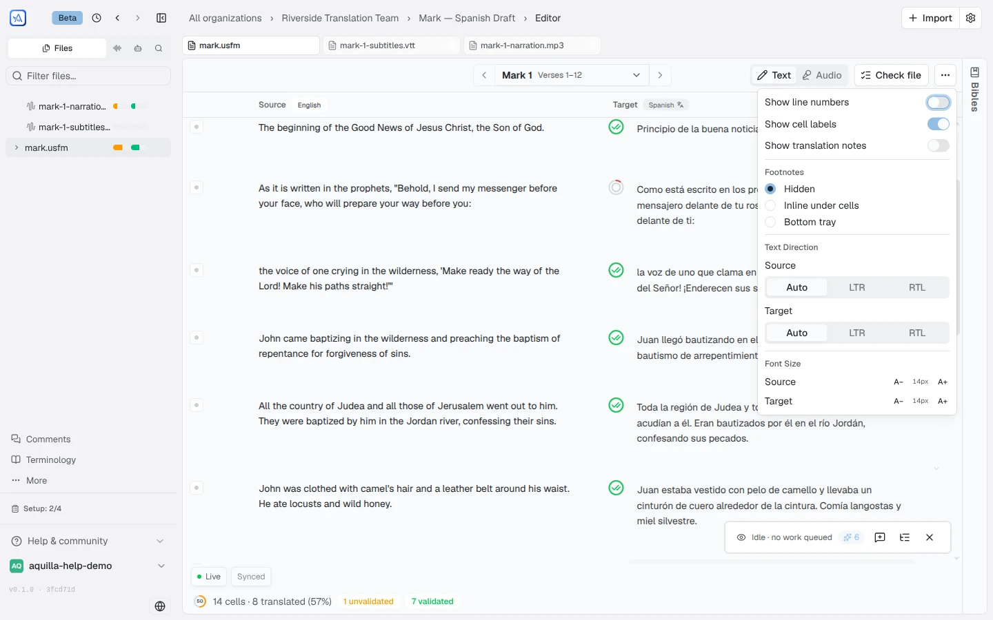 The View settings menu open over the editor, with toggles for line numbers, cell labels, and translation notes; footnote placement options; source and target text direction; and font-size controls for each side