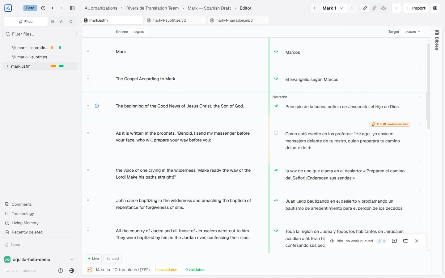 The translation workspace: a sidebar on the left listing the project's files, a chapter navigator in the header, English source cells beside Spanish targets (the first cells already translated and validated), and a footer with sync status and cell counts